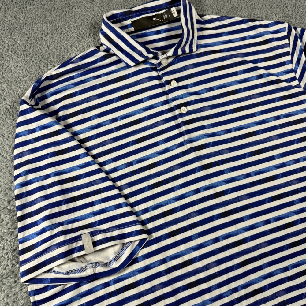 RLX Ralph Lauren Polo Shirt Mens Large Blue White Striped Performance Golf Tee